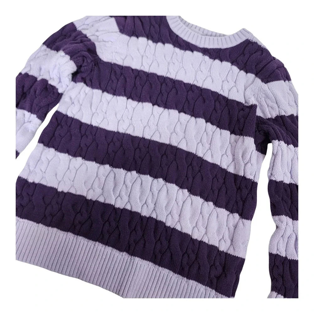 Lands End Drifter Purple Striped Cable Knit Cotton Sweater Womens Medium 10-12‎